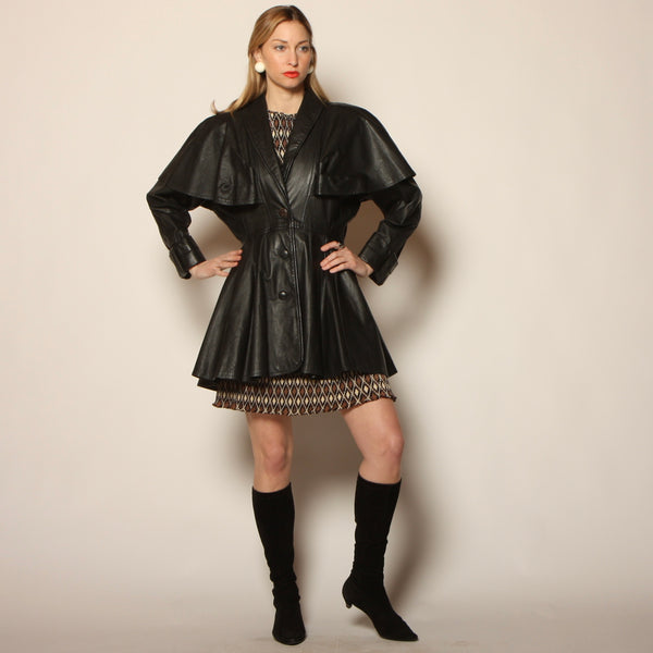 Vintage 80's Avant-Garde Leather Cape Dress Coat