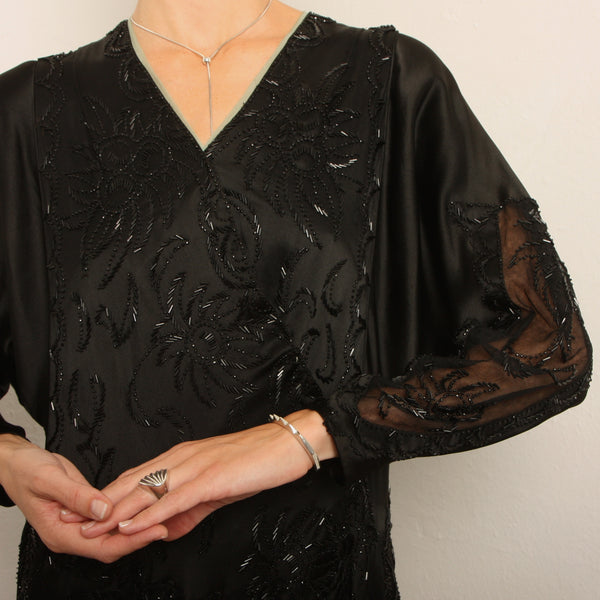 Vintage 20's Beaded Silk Satin Flapper Dress