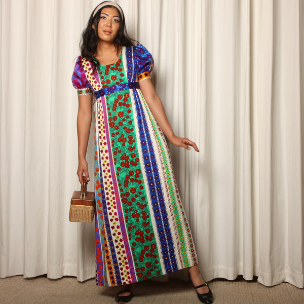 Vintage 60's Psychedelic Floral Puff Sleeve Maxi Dress