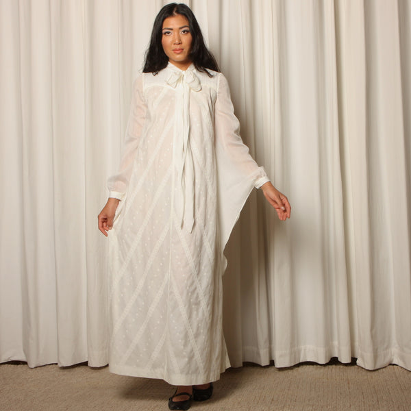 Vintage 70's Louise Perini Eyelet Cotton Angel Sleeve Gown