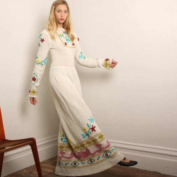 Vintage 60's Hand Knit + Embroidered Storybook Maxi Dress