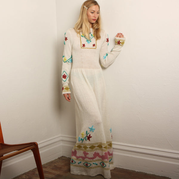 Vintage 60's Hand Knit + Embroidered Storybook Maxi Dress