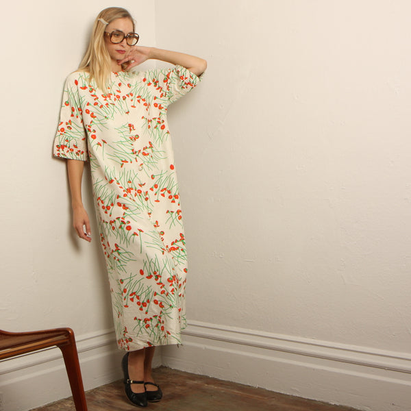 Vintage 70's Quilted Poppies Silk Duster Dress