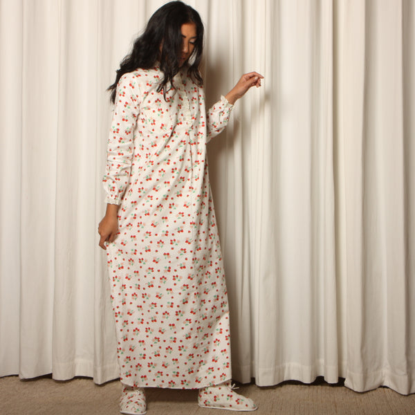Deadstock Vintage 70's Lanz Flannel Strawberries Nightgown + Slippers Set