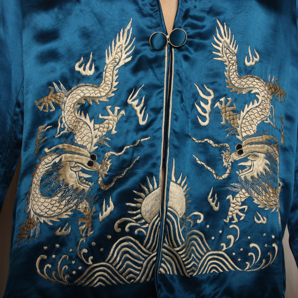 Vintage 30's Dragon Embroidered Silk Satin Pajama Ensemble