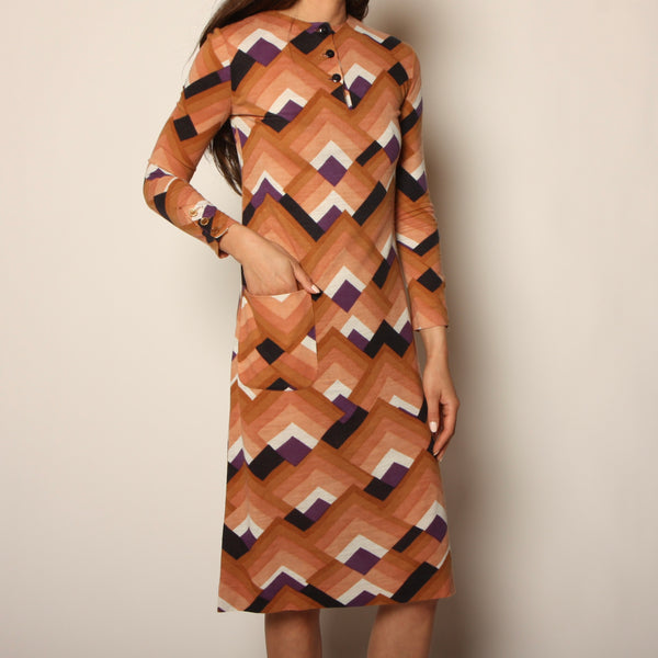 Vintage 70's Philippe Dere Paris Deco Op-Art Knit Midi Dress