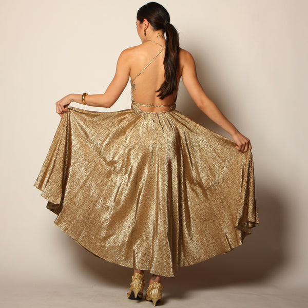 Iconic Vintage 70's Halston Metallic Gold Silk Halter Dress