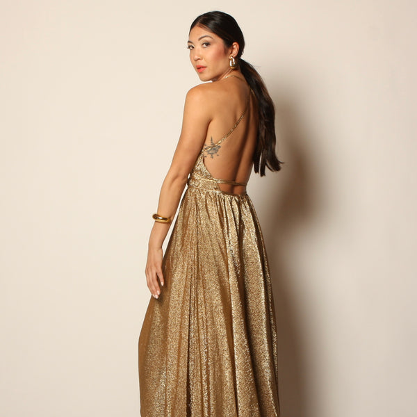 Iconic Vintage 70's Halston Metallic Gold Silk Halter Dress