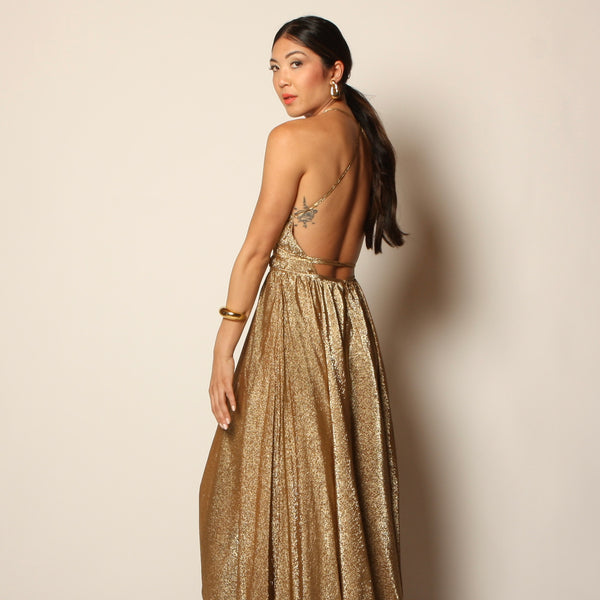 Iconic Vintage 70's Halston Metallic Gold Silk Halter Dress Opal Pineapple Iconic Vintage 70's Halston Metallic Gold Silk Halter Dress Opal Pineapple