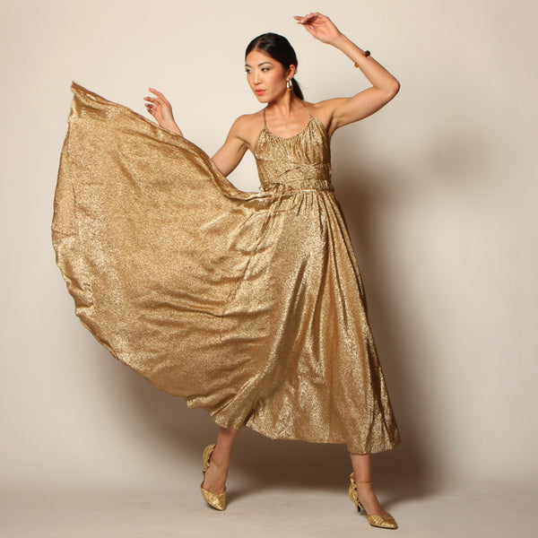 Iconic Vintage 70's Halston Metallic Gold Silk Halter Dress Opal Pineapple Iconic Vintage 70's Halston Metallic Gold Silk Halter Dress Opal Pineapple