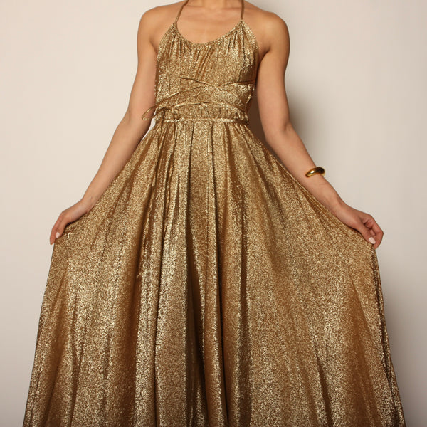 Iconic Vintage 70's Halston Metallic Gold Silk Halter Dress Opal Pineapple Iconic Vintage 70's Halston Metallic Gold Silk Halter Dress Opal Pineapple