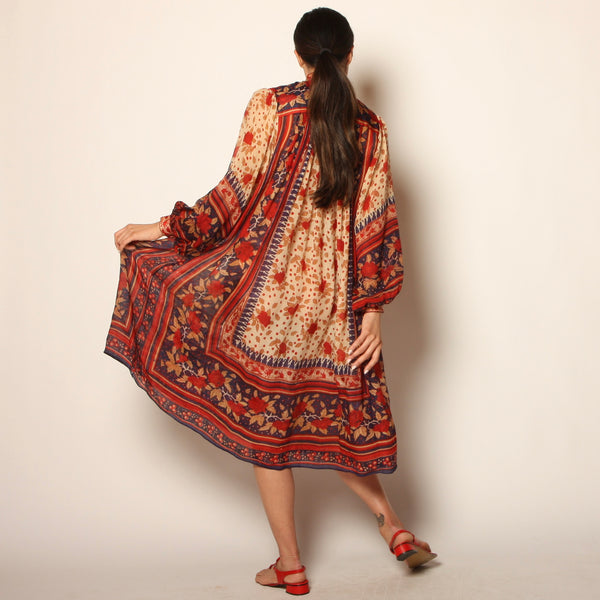 Vintage 70's India Block Print Sheer Silk Midi Dress