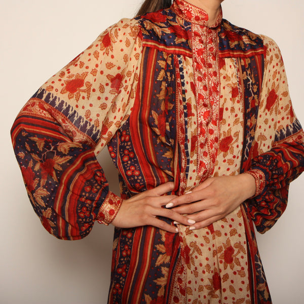 Vintage 70's India Block Print Sheer Silk Midi Dress