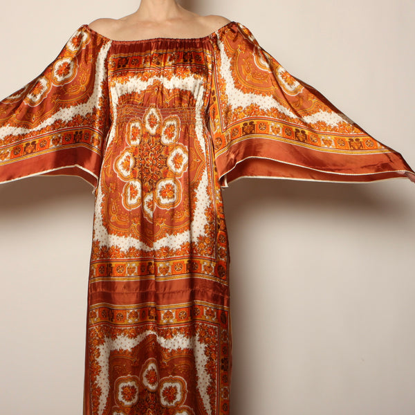 Vintage 70's Ornate Floral Draped Satin Scarf Dress