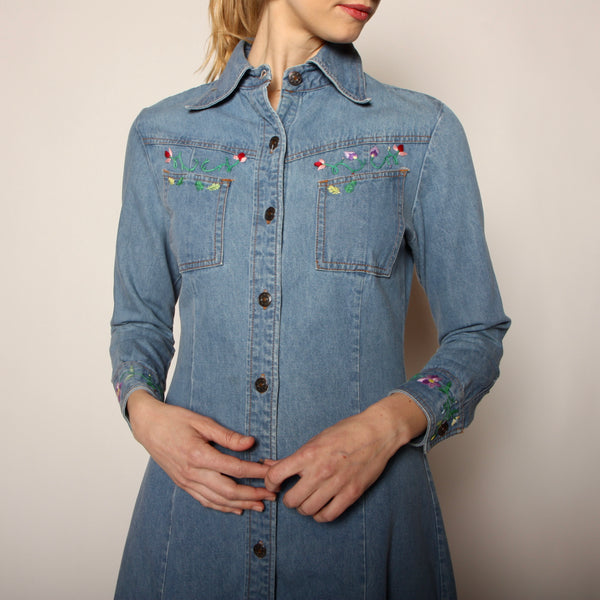 Vintage 70's Folk Hand Embroidered Denim Shirt Dress