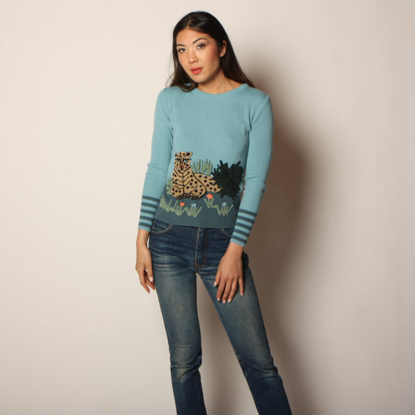 Vintage 70's Fiber Art Knit Tufted Leopard Sweater