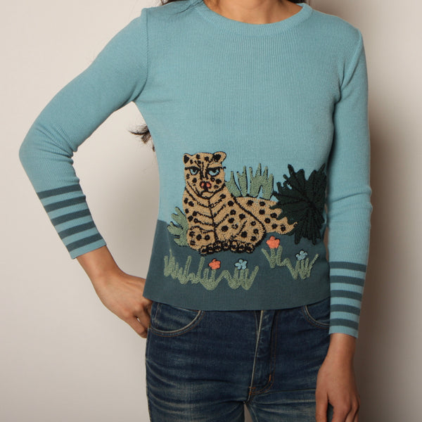 Vintage 70's Fiber Art Knit Tufted Leopard Sweater