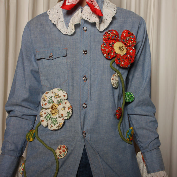 Vintage 70's JC Penney Chambray Quilted 3-D Flowers Shirt