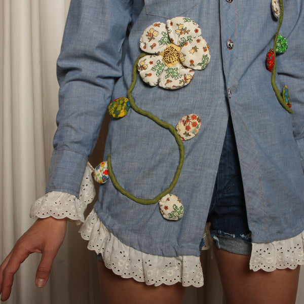 Vintage 70's JC Penney Chambray Quilted 3-D Flowers Shirt