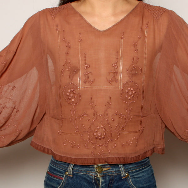 Vintage 30's Romantic Voile Embroidered Poet Blouse