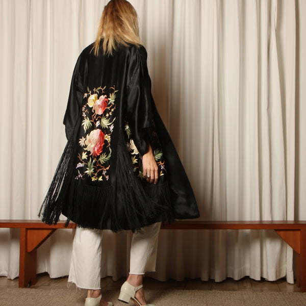 Vintage 20's Heavily Embroidered Silk Fringed Robe