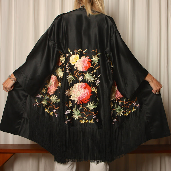 Vintage 20's Heavily Embroidered Silk Fringed Robe