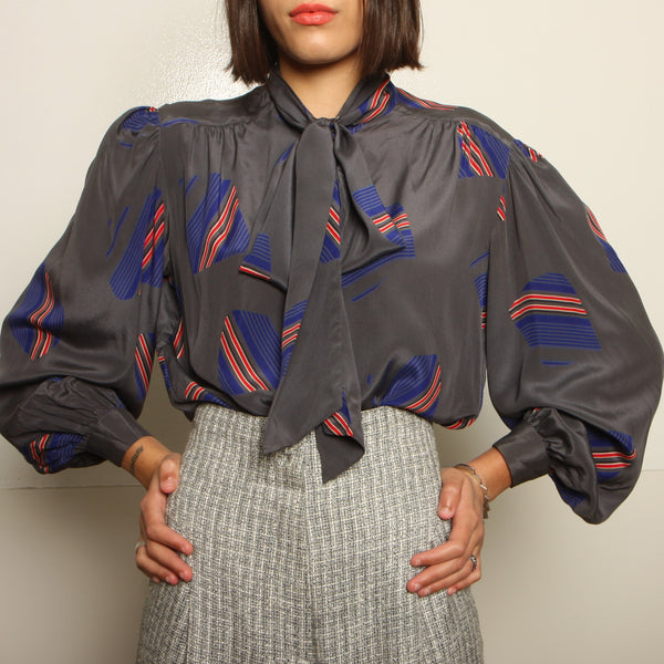 Vintage 80's Printed Silk Pussy Bow Blouse