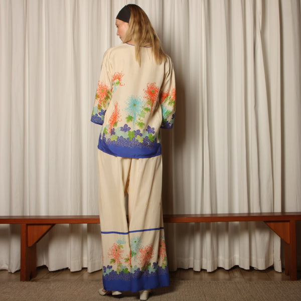 Vintage 50's Chinoiserie Chrysanthemum Pongee Silk Pajama Set