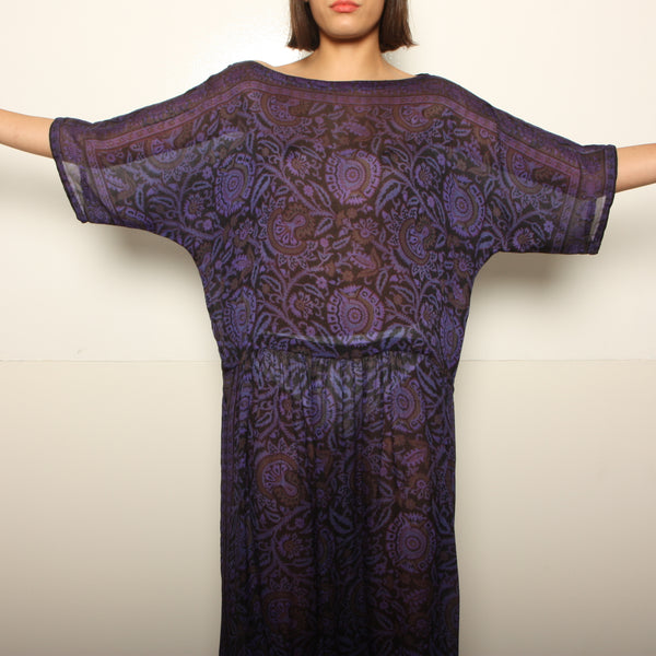 Vintage 70's Sheer Block Print Silk India Scarf Dress