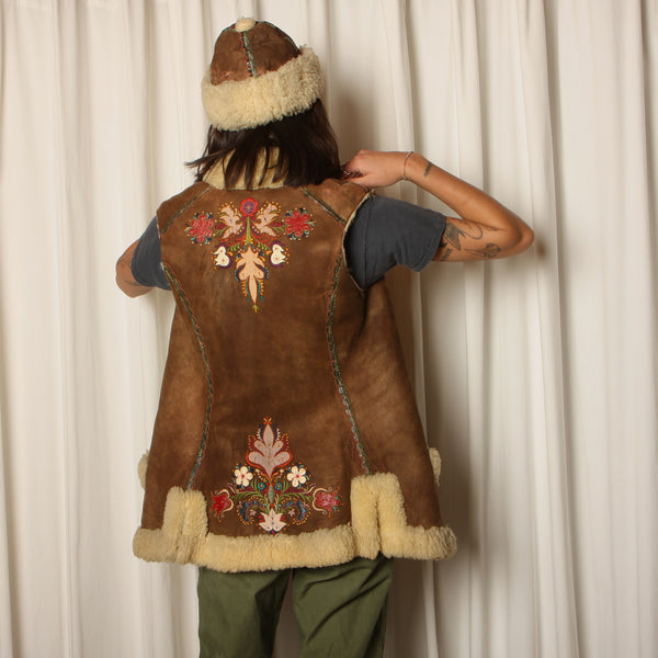 Antique 20's Czechoslovakian Folk Embroidery Sheepskin Vest + Hat Set
