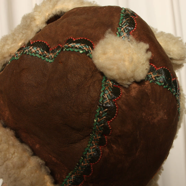 Antique 20's Czechoslovakian Folk Embroidery Sheepskin Vest + Hat Set