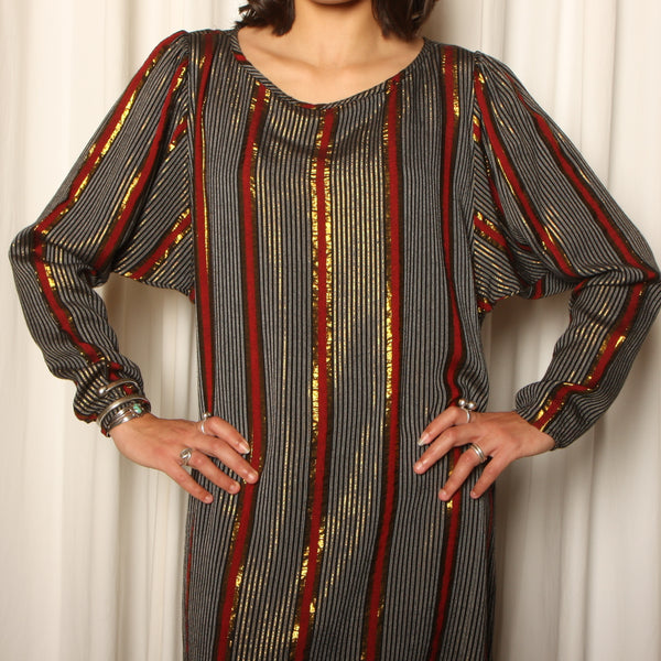 Vintage 70's Adini Rayon Metallic Stripe India Dress