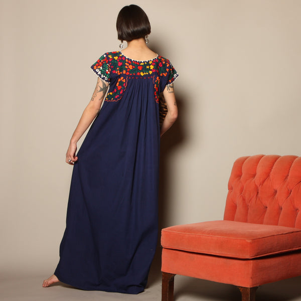 Vintage 70's Oaxacan Embroidered Indigo Dress