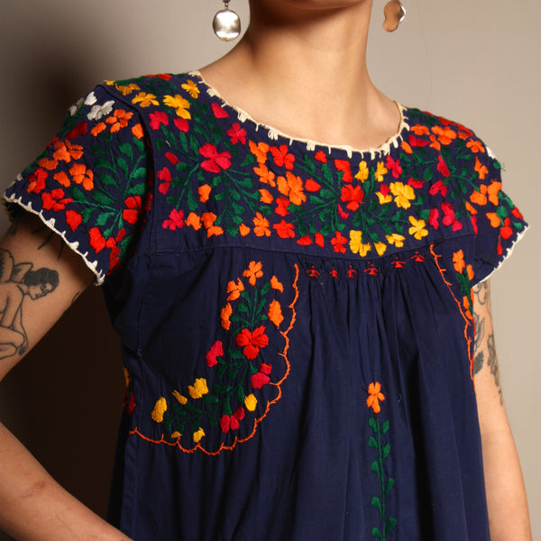 Vintage 70's Oaxacan Embroidered Indigo Dress