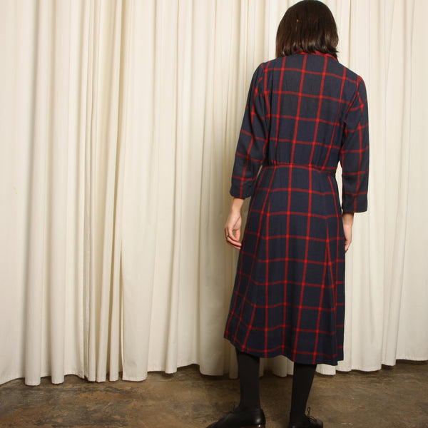 Vintage 40's Navy Windowpane Plaid Wool Dress