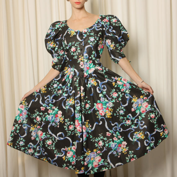 Vintage 80's Floral Polished Cotton Puff Sleeve Dress