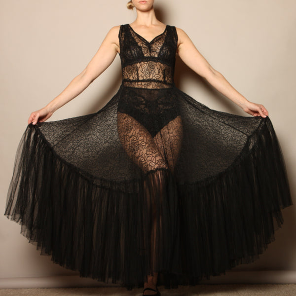 Vintage 30's Bias Cut Sheer Lace + Tulle Gown