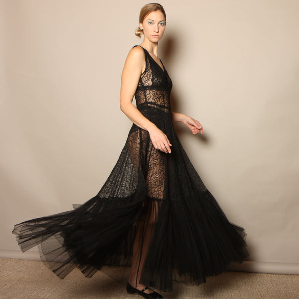Vintage 30's Bias Cut Sheer Lace + Tulle Gown