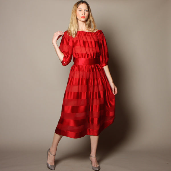 albert nipon silk dress 80s ALBERT NIPON Silk Chiffon Floral Print Cocktail Dress | Poof Shoulders Full Skirt Dress
