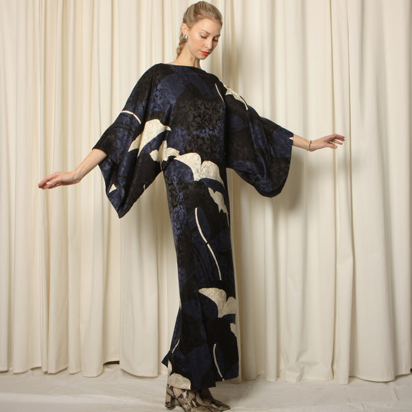 Vintage Silk Ginkgo Leaves Kimono Dress