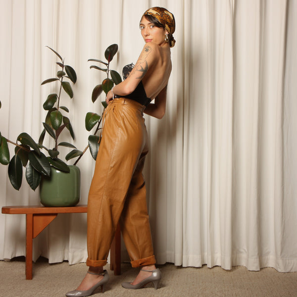 Vintage 80's Italy Toffee Leather High Tie Waist Pants