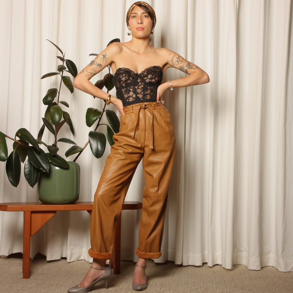 Vintage 80's Italy Toffee Leather High Tie Waist Pants
