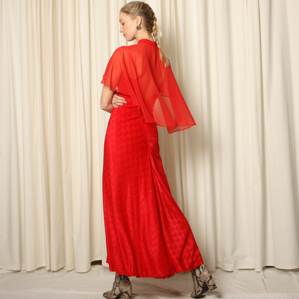 Vintage Louise Perini Sheer Cape Deco Maxi Dress