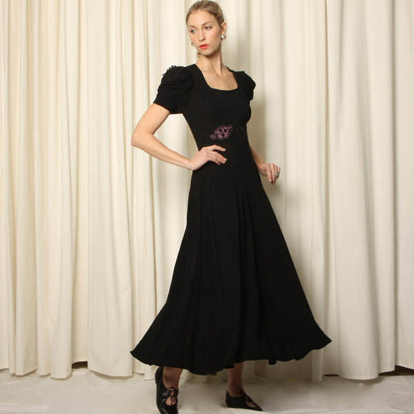 Vintage 30's Crepe Pleated Applique Lace Maxi Dress