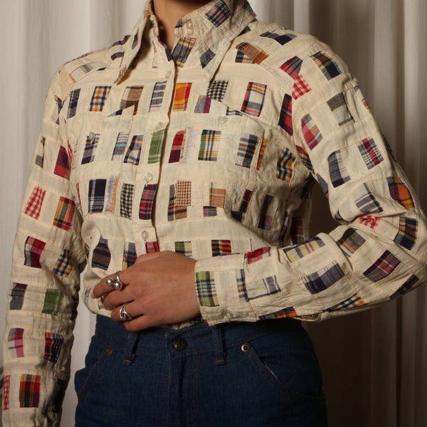 Vintage 70's Indian Cotton Patchwork Quilt Shirt