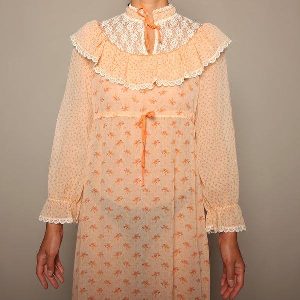Vintage 70's Apricot Voile Calico Prairie Dress