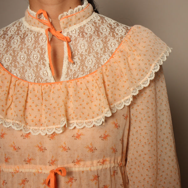 Vintage 70's Apricot Voile Calico Prairie Dress