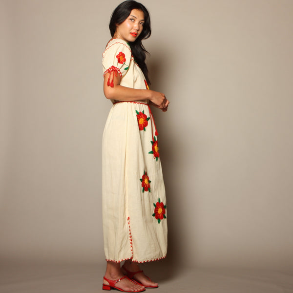 Vintage 60's Folk Hand Embroidered Muslin Dress