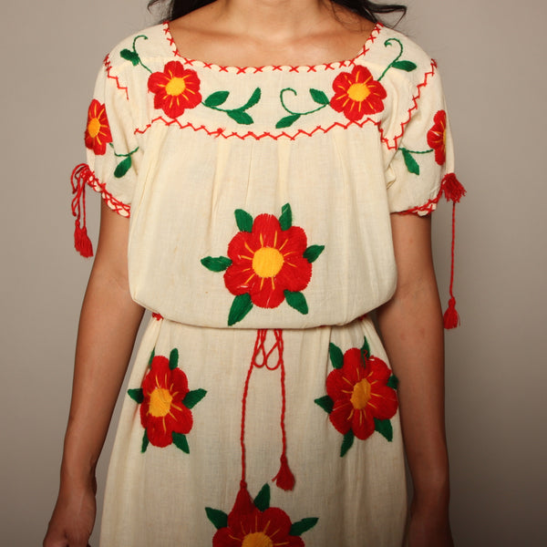 Vintage 60's Folk Hand Embroidered Muslin Dress