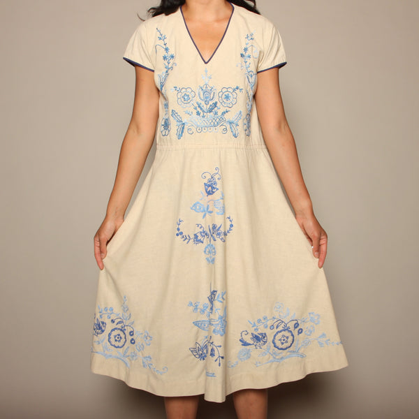 Vintage 40's Cornflower Embroidered Cotton Dress